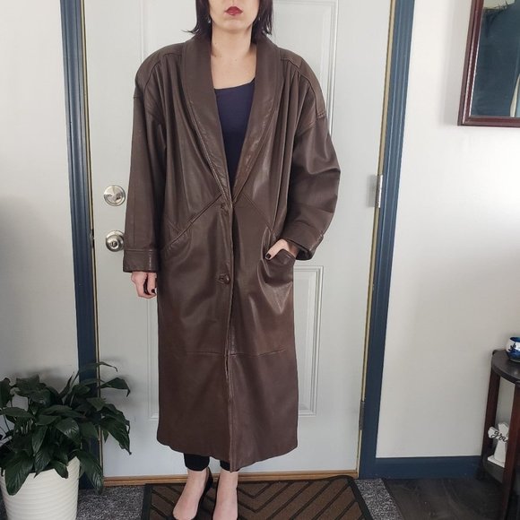 80s/90s Brown Leather Trench Coat - Picture 1 of 9